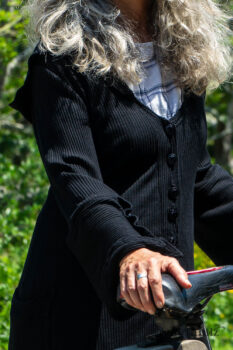 Henrietta Duster Coat in Beacon Black Washed Ribbed Knit; Fairholme Frock in Plum Tree Wispy Plaid Cotton; Cilla Slip Frock in Sailcloth Soft Ribbed Knit. Ivey Abitz Bespoke Clothing.