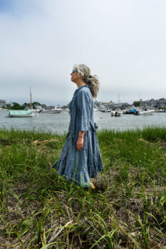 Tilbrook Duster Coat in Seascape Woven Linen; Tilbrook Frock in Seascape Floral Linen; Porte Cochere Sash in Estuary Herringbone Twill. Ivey Abitz Bespoke Clothing.