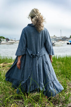 Tilbrook Duster Coat in Seascape Woven Linen; Tilbrook Frock in Seascape Floral Linen; Porte Cochere Sash in Estuary Herringbone Twill. Ivey Abitz Bespoke Clothing.