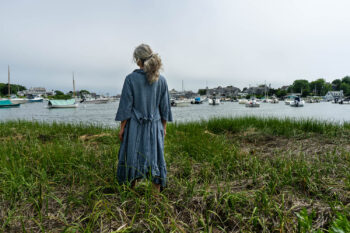 Tilbrook Duster Coat in Seascape Woven Linen; Tilbrook Frock in Seascape Floral Linen; Porte Cochere Sash in Estuary Herringbone Twill. Ivey Abitz Bespoke Clothing.