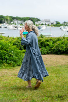 Tilbrook Duster Coat in Seascape Woven Linen; Tilbrook Frock in Seascape Floral Linen; Porte Cochere Sash in Estuary Herringbone Twill. Ivey Abitz Bespoke Clothing.