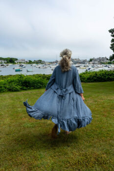 Tilbrook Duster Coat in Seascape Woven Linen; Tilbrook Frock in Seascape Floral Linen; Porte Cochere Sash in Estuary Herringbone Twill. Ivey Abitz Bespoke Clothing.