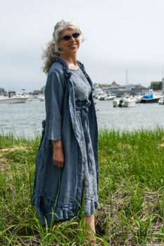 Tilbrook Duster Coat in Seascape Woven Linen; Tilbrook Frock in Seascape Floral Linen; Porte Cochere Sash in Estuary Herringbone Twill. Ivey Abitz Bespoke Clothing.