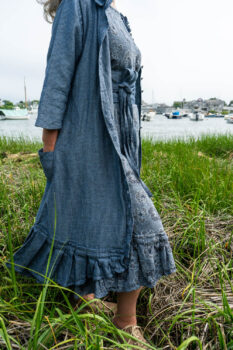 Tilbrook Duster Coat in Seascape Woven Linen; Tilbrook Frock in Seascape Floral Linen; Porte Cochere Sash in Estuary Herringbone Twill. Ivey Abitz Bespoke Clothing.