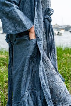 Tilbrook Duster Coat in Seascape Woven Linen; Tilbrook Frock in Seascape Floral Linen; Porte Cochere Sash in Estuary Herringbone Twill. Ivey Abitz Bespoke Clothing.