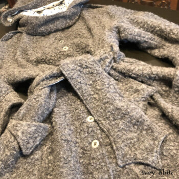 Camilla Coat in a soft and textured knit from France. Sewn right here in New York! In a world of mass-produced throwaway garments, this is quite something, and we are pleased to create coats like this that will be enjoyed and cherished for years to come.