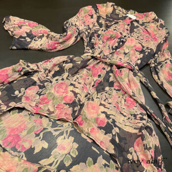 Chittister Shirt Jacket in Parisienne Rose Floral Silk Chiffon, adorned with rare and matching and sturdy antique wooden composition buttons.