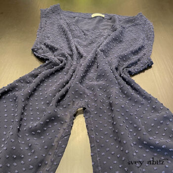 Lumiere Frock in Bastille Blue Tufted Dot Silk Chiffon. Its flow and drape will make you want one for every day of the week!