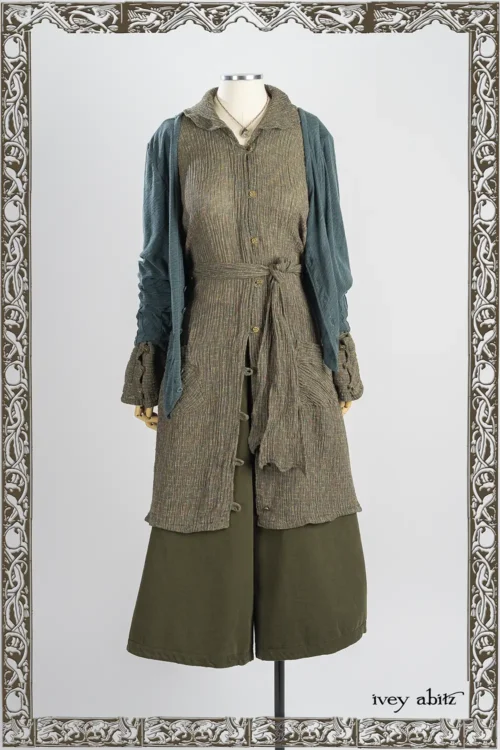 Mercer Cardigan in Hopeful Morning Crushed and Washed Knit; Wright Shirt Jacket in Joyful Green Variegated Crinkled Weave; Traipse Trousers in Joyful Green Twill - Reversible to Copper Plaid; Nouvelle Necklace.