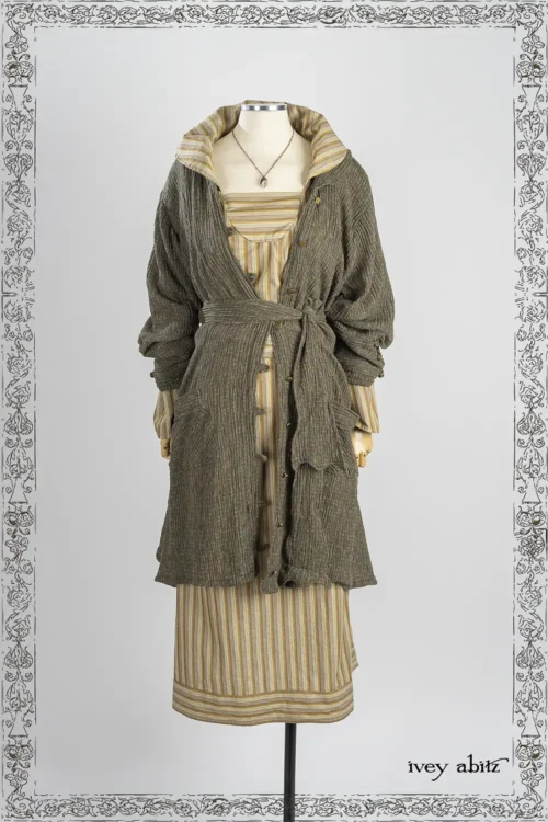 Wright Shirt Jacket in Joyful Green Variegated Crinkled Weave; Nouvelle Necklace; Garrison Dress in New Day Petite Stripe Poplin.