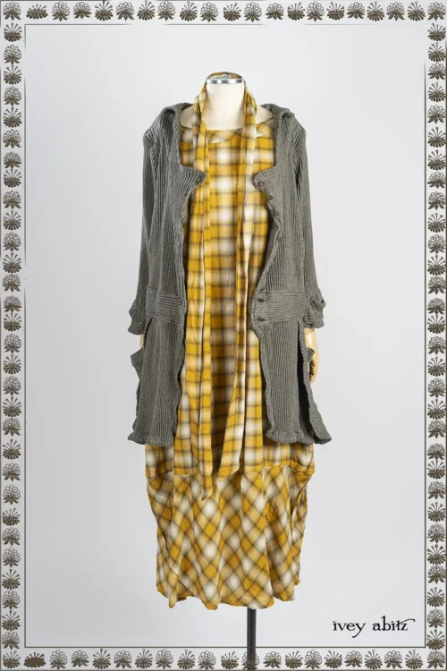 Campanella Shirt Jacket Iron and Stone Accordian Ribbed Knit; Wright Frock in Ember Soft Plaid; Blanchefleur Sash in Ember Soft Plaid.