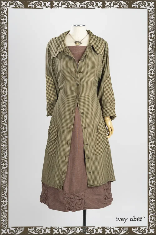 Limbert Duster Coat in Joyful Green Oak Check and Oak Petite Check; Madeline Rose Frock in Heirloom Oak Pinstripe Stretch Weave; Heirloom Necklace.