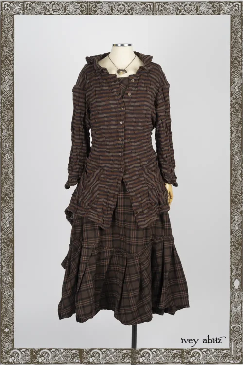 Tula Shirt in Oak Clever Stripe Knit; Morris Frock in Oak Brushed Plaid Weave, Heirloom Necklace.