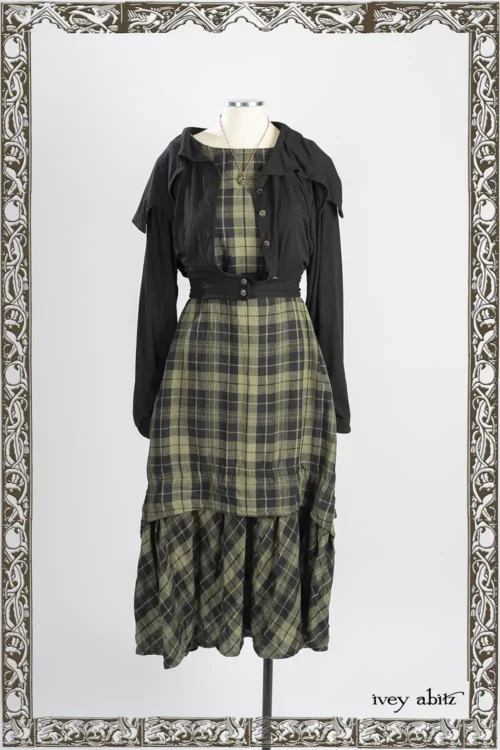 Roycroft Cardigan in Iron Soft and Stretchy Knit; Blanchefleur Frock in Joyful Green and Iron Washed Plaid; Nouvelle Necklace.