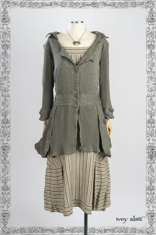 Campanella Shirt Jacket in Iron and Stone Accordian Ribbed Knit; Roycroft Frock in Iron and Stone Rustic Stripe Weave; Heirloom Necklace.