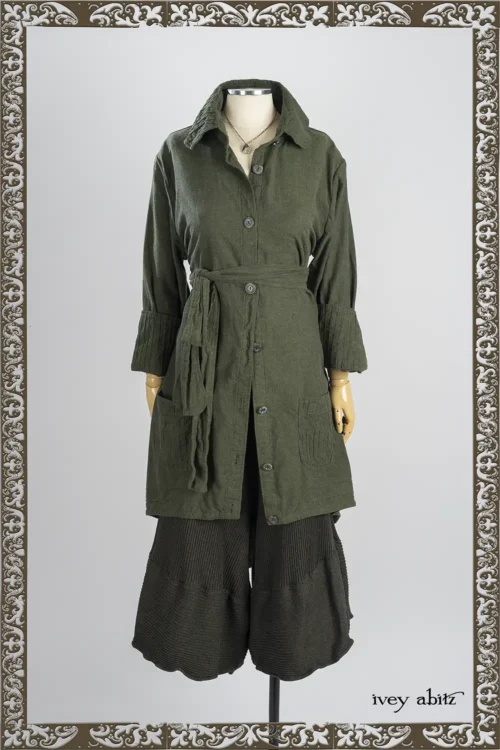 Quaint Shirt Jacket in Pine Green Brushed Weave; Nouvelle Necklace; Campanella Trousers in Pine Green Accordian Ribbed Knit.