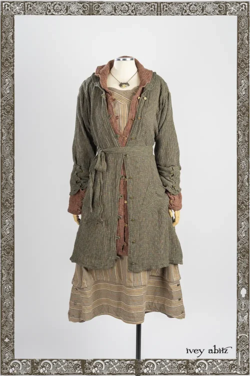 Wright Shirt Jacket in Joyful Green Variegated Crinkled Weave; Wright Shirt Jacket in Copper Variegated Crinkled Weave; Oceana Frock in Lifetime Washed Plaid Twill; Heirloom Necklace.