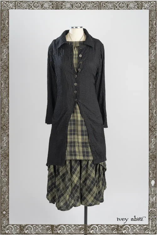 Elsie Duster Coat in Iron Pin Tucked Voile; Nouvelle Necklace; Blanchefleur Frock in Pine Green and Iron Washed Plaid.