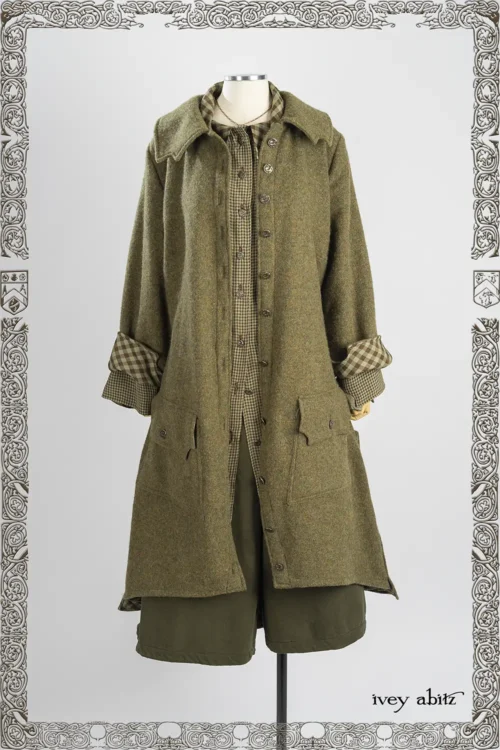 Roycroft Coat in Joyful Green Washed Wool; Limbert Duster Coat in Joyful Green Oak Petite Check; Lounging Shirt in Joyful Green Soft and Stretch Knit; Reversible Traipse Trousers; Nouvelle Necklace.