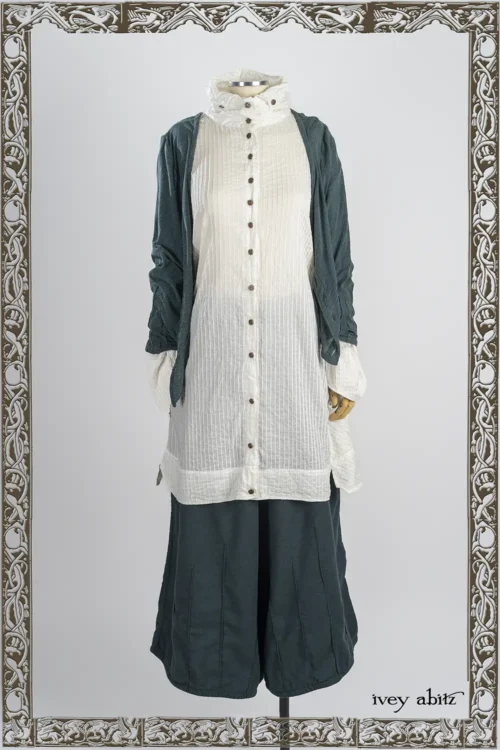 Mercer Cardigan in Hopeful Morning Crushed and Washed Knit; Vanetten Shirt in Everyday Pin Tucked Voile; Mercer Trousers in Hopeful Morning Brushed Weave.