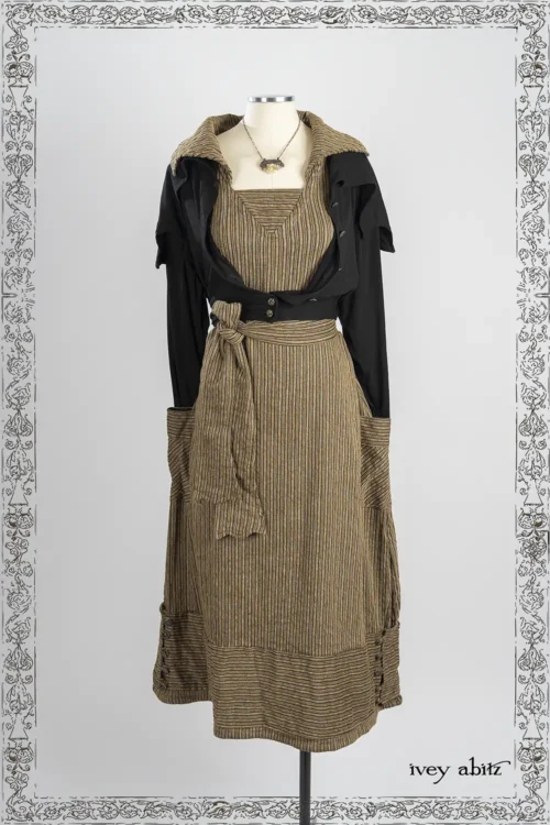 Roycroft Cardigan in Iron Soft and Stretchy Knit; Viv Frock in Ember and Iron Embroidered Chenille Stripe; Heirloom Necklace.