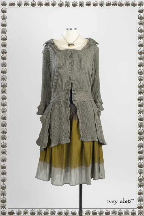 Campanella Shirt in Iron and Stone Accordion Ribbed Knit; Lounging Shirt in Iron Soft and Stretchy Knit; Lillibet Skirt in New Day Crinkled Ruched Weave; Heirloom Necklace.