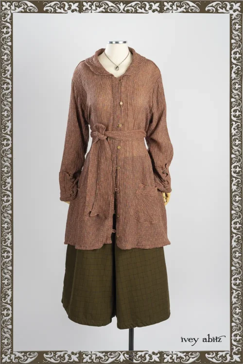 Wright Shirt Jacket in Copper Variegated Crinkled Weave; Nouvelle Necklace; Traipse Trousers in Copper Washed Plaid Twill - Reversible to Joyful Green Washed Twill; Lounger Shirt in Stone Soft and Stretchy Knit.