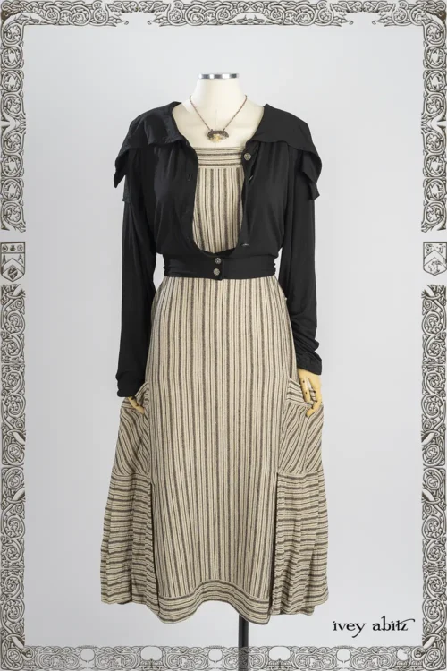 Roycroft Cardigan in Iron Soft and Stretchy Knit; Roycroft Frock in Iron and Stone Rustic Stripe Weave; Heirloom Necklace.