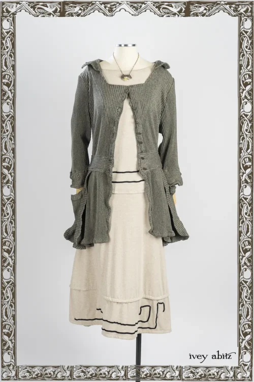 Campanella Shirt Jacket in Iron and Stone Accordian Ribbed Knit; Lounging Shirt in Iron Soft and Stretchy Knit; Lounging Skirt in Iron Soft and Stretchy Knit; Heirloom Necklace.