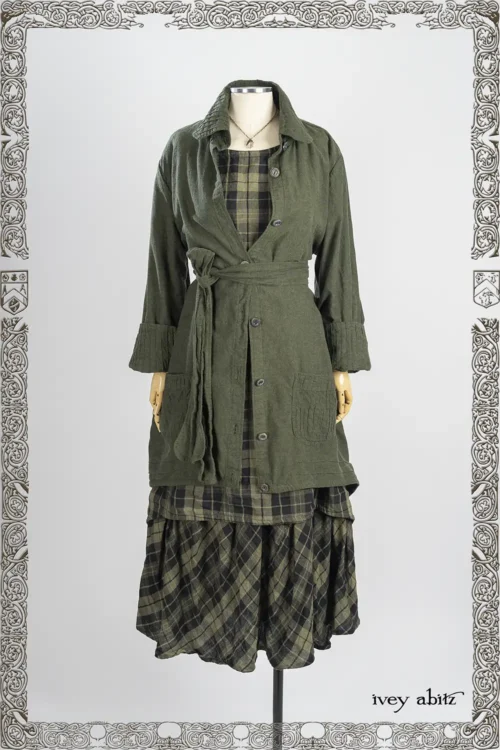 Quaint Shirt Jacket in Pine Green Brushed Weave; Blanchefleur Frock in Pine Green and Iron Washed Plaid; Nouvelle Necklace