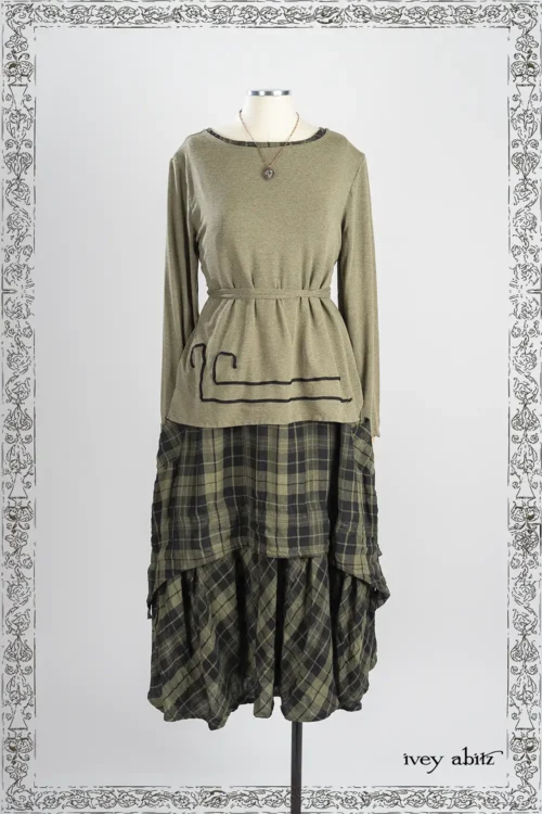 Lounging Shirt in Joyful Green Soft and Stretchy Knit; Blanchefleur Frock in Joyful Green Washed Plaid Weave; Nouvelle Necklace.