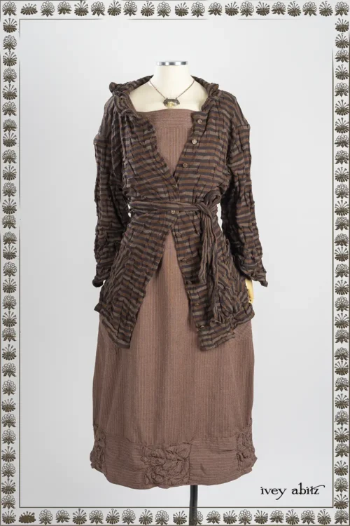 Tula Shirt in Oak Clever Stripe Knit; Madeline Rose Frock in Heirloom Oak Pinstripe Stretch Weave; Heirloom Necklace.