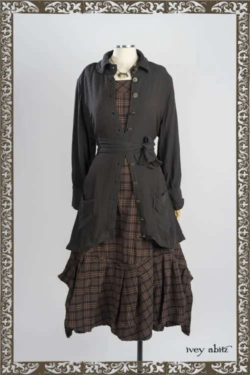 Workaday Shirt Jacket in Pine Green and Oak Raised Stripe Challis; Morris Frock in Oak Brushed Plaid Weave; Heirloom Necklace.