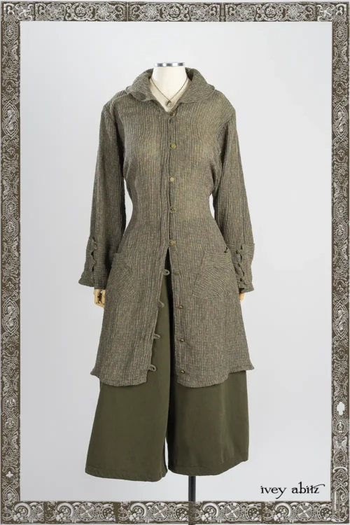 Wright Shirt Jacket in Joyful Green Variegated Crinkled Weave; Traipse Trousers in Joyful Green Washed Plaid Twill - Reversible to Copper Plaid Washed Twiill; Nouvelle Necklace.