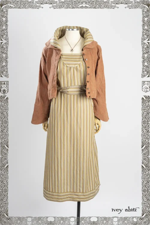 Beacon Jacket in Copper and Stone Embroidered Stripe Weave; Nouvelle Necklace; Garrison Dress in New Day Petite Stripe Poplin