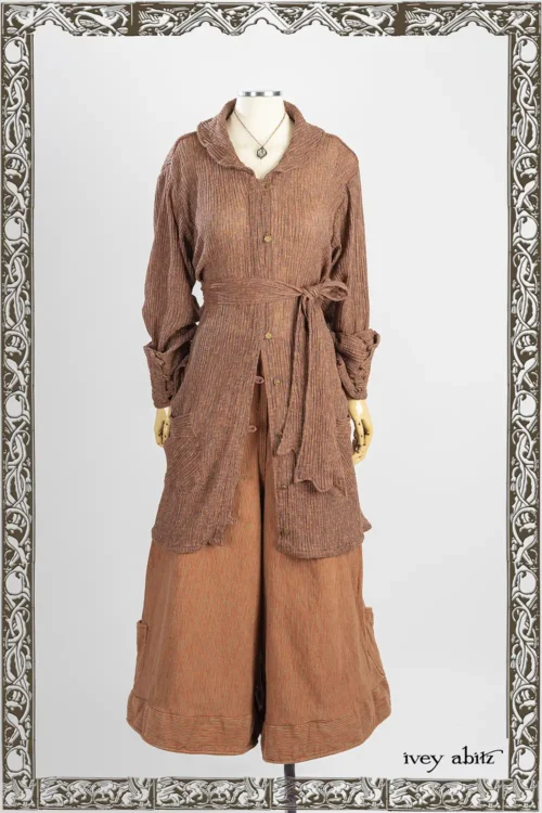 Wright Shirt Jacket in Copper Variegated crinkled Weave; Montague Trousers in Copper and Stone Embroidered Stripe Weave; Nouvelle Necklace.