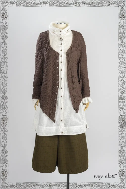 Elliot Jacket in Oak Puckered Knit; Vanetten Shirt in Everyday Pin Tucked Voile; Traipse Trousers in Copper Washed Plaid Twill - Reversible to Joyful Green Washed Twill.