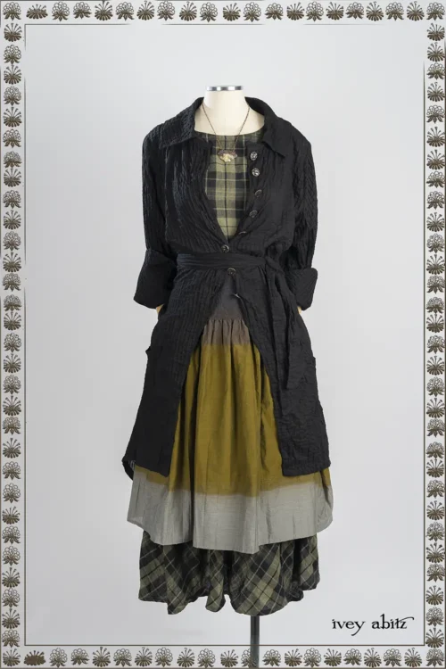 Elsie Duster Coat in Iron Pin Tucked Voile; Blanchefleur Frock in Joyful Green Washed Plaid Weave; Nouvelle Necklace