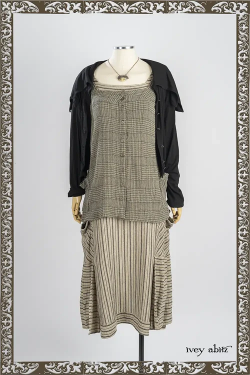 Roycroft Vest in Iron and Stone Plaid Challis; Roycroft Cardigan in Iron Soft and Stretchy Knit; Roycroft Frock in Iron and Stone Rustic Stripe Weave; Heirloom Necklace.