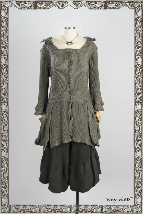 Campanella Shirt Jacket in Iron and Stone Accordian Ribbed Knit; Campanella Trousers in Pine Green Accordian Ribbed Knit; Heirloom Necklace.