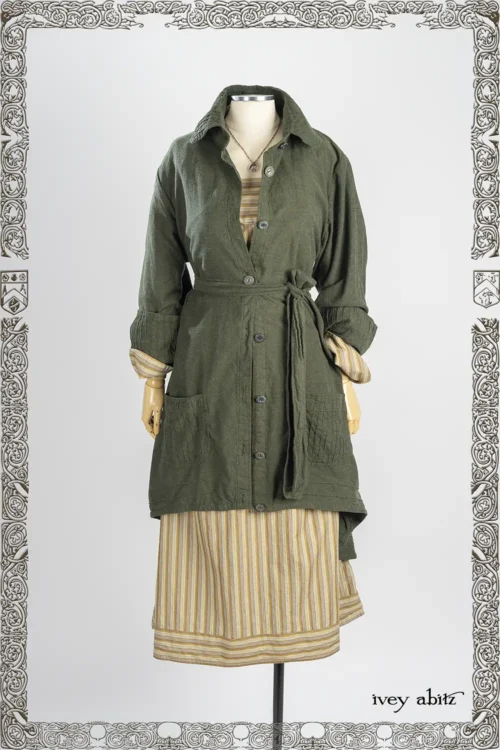 Quaint Shirt Jacket in Pine Green Brushed Weave; Garrison Dress in New Day Petite Stripe Poplin; Nouvelle Necklace.