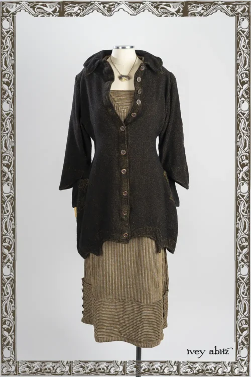 Chittister Shirt Jacket in Ember and Iron Chenille Velvet; Heirloom Necklace; Viv Frock in Ember and Iron Embroidered Chenille Stripe.