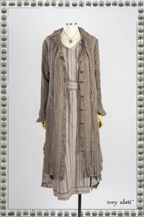 Vanetten Duster Coat in Limbert Brown Crinkled Washed Weave; Nouvelle Necklace; Vanetten Frock in Limbert Brown Embroidered Woven Stripe.