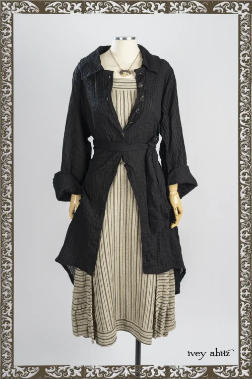 Elsie Duster Coat in Iron Pin Tucked Voile; Roycroft Frock in Iron and Stone Rustic Stripe Weave; Heirloom Necklace.