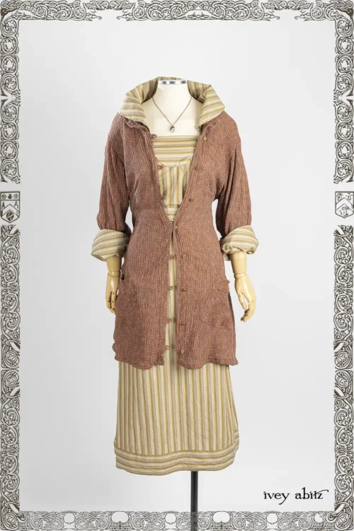 Wright Shirt Jacket in Copper Variegated Crinkled Weave; Garrison Dress in New Day Petite Stripe Poplin; Nouvelle Necklace.