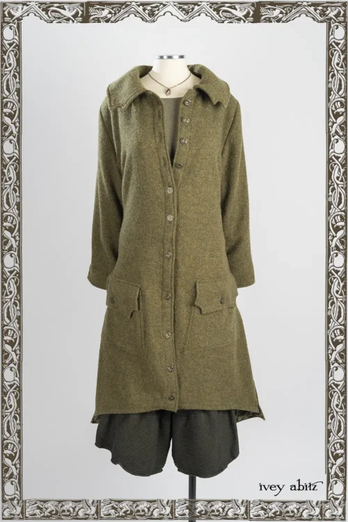 Roycroft Coat in Joyful Green Washed Wool; Lounger Shirt in Joyful Green Soft and Stretchy Knit; Nouvelle Necklace; Traipse Trousers in Joyful Green Washed Twill - Reversible to Copper Washed Plaid Twill.