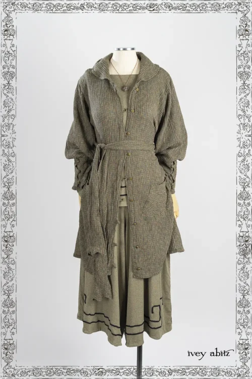 Wright Shirt Jacket in Joyful Green Variegated Crinkled Weave; Lounging Shirt in Joyful Green Soft and Stretchy Knit; Lounging Loungers in Joyful Green Soft and Stretchy Knit; Nouvelle Necklace.