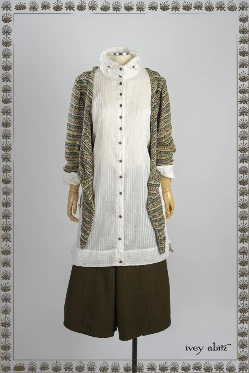 Wright Cardigan in Mission Fairisle Knit; Vanetten Shirt in Everyday Pin Tucked Voile; Traipse Trousers in Copper Washed Plaid Twill - Reversible to Joyful Green Washed Twill.