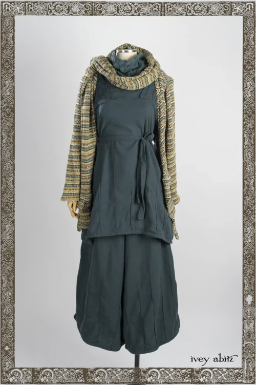 Mercer Frock in Hopeful Morning Brushed Weave; Wright Cardigan in Mission Fairisle Knit; Limbert Scarf in Mission Fairisle Knit; Lydia Neck Wrap in Hopeful Morning Crushed and Washed Knit; Nouvelle Necklace.