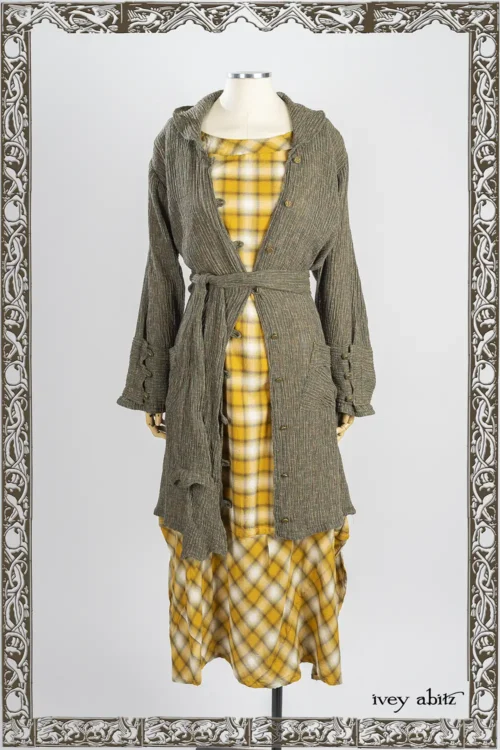 Wright Shirt Jacket in Joyful Green Variegated Crinkled Weave; Wright Frock in Ember Soft Plaid.